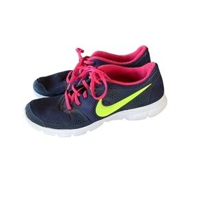 Nike athletic sneakers gray pink and yellow running tennis shoes athleisure